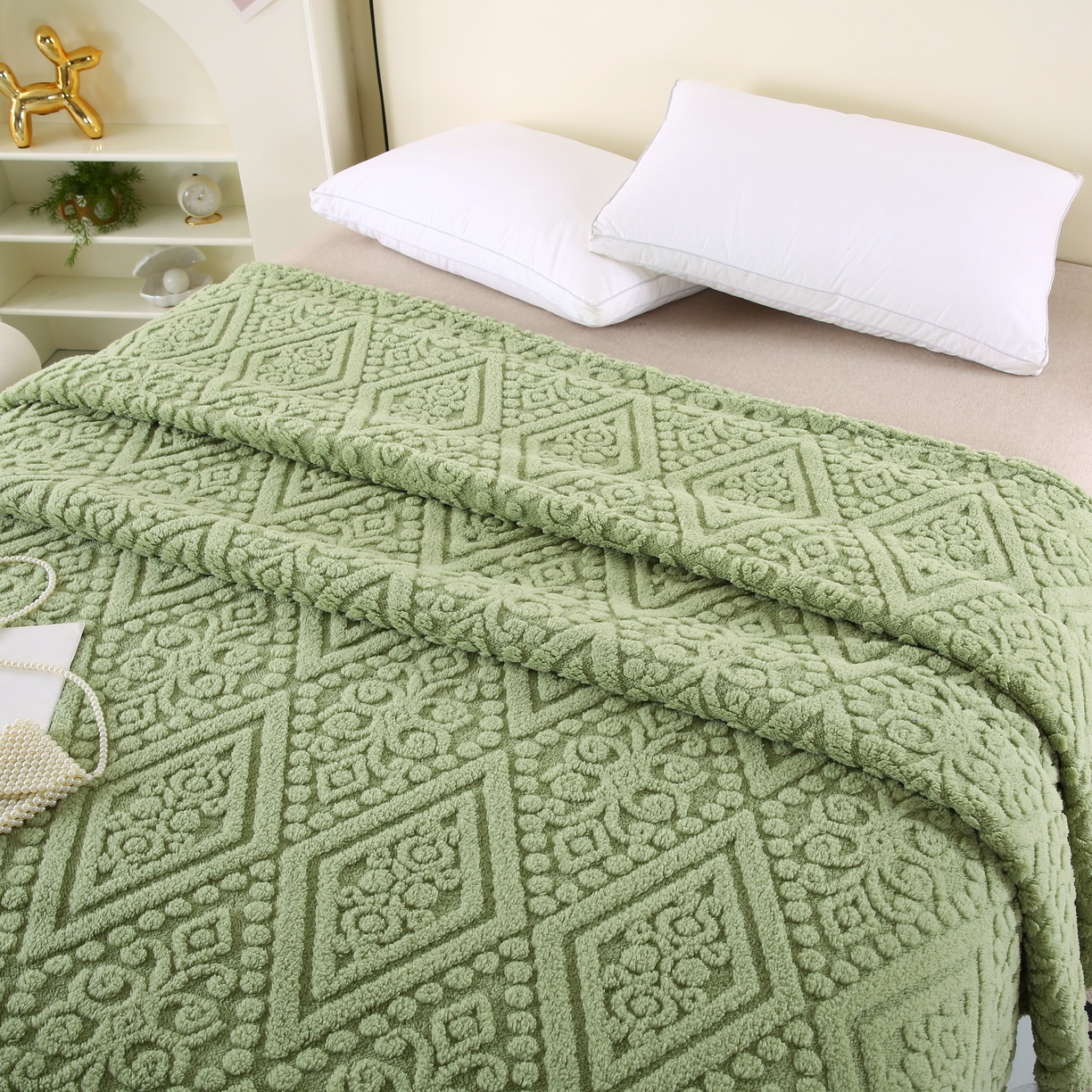 91家纺网 家纺一手货源 找家纺 巴木赫 2025新款如意阁塔芙绒毯子毛毯 绿色