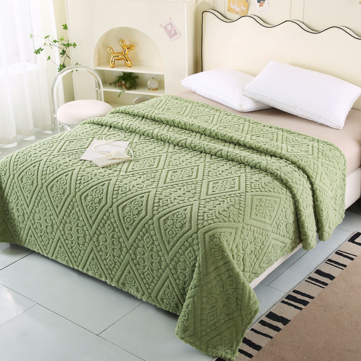 91家纺网 家纺一手货源 找家纺 巴木赫 2025新款如意阁塔芙绒毯子毛毯 绿色