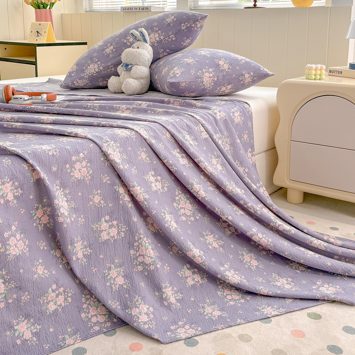 91家纺网 家纺一手货源 找家纺 青泽家纺 2025新款双层纱床单单品床单单件单床单 豆蔻年华