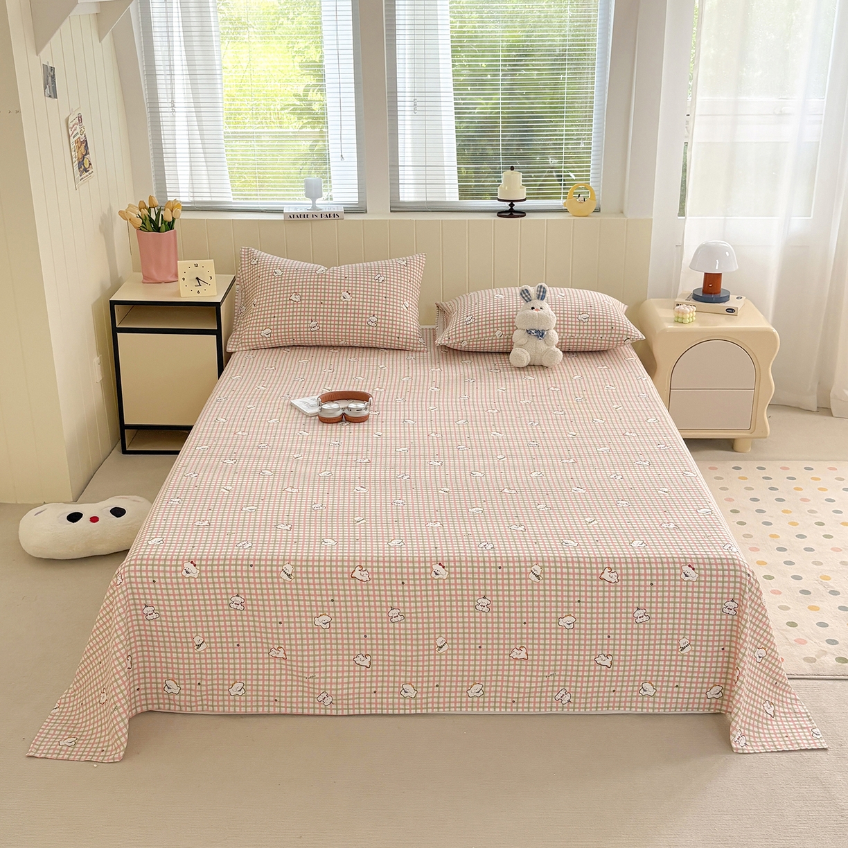 91家纺网 家纺一手货源 找家纺 青泽家纺 2025新款双层纱床单单品床单单件单床单 格子小狗