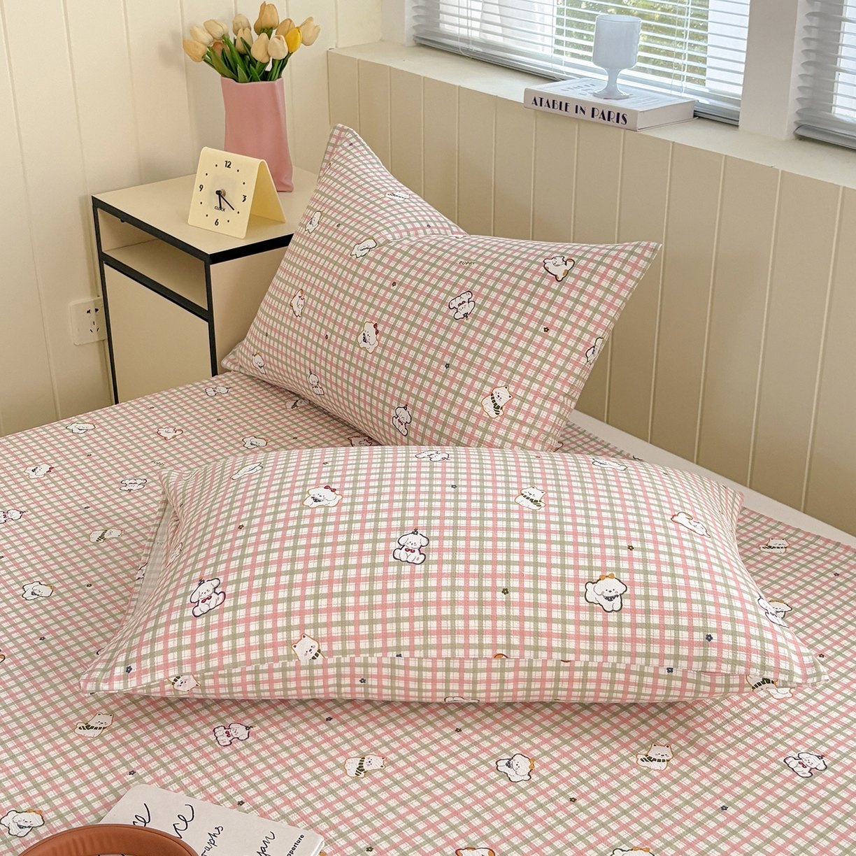 91家纺网 家纺一手货源 找家纺 青泽家纺 2025新款双层纱床单单品床单单件单床单 格子小狗