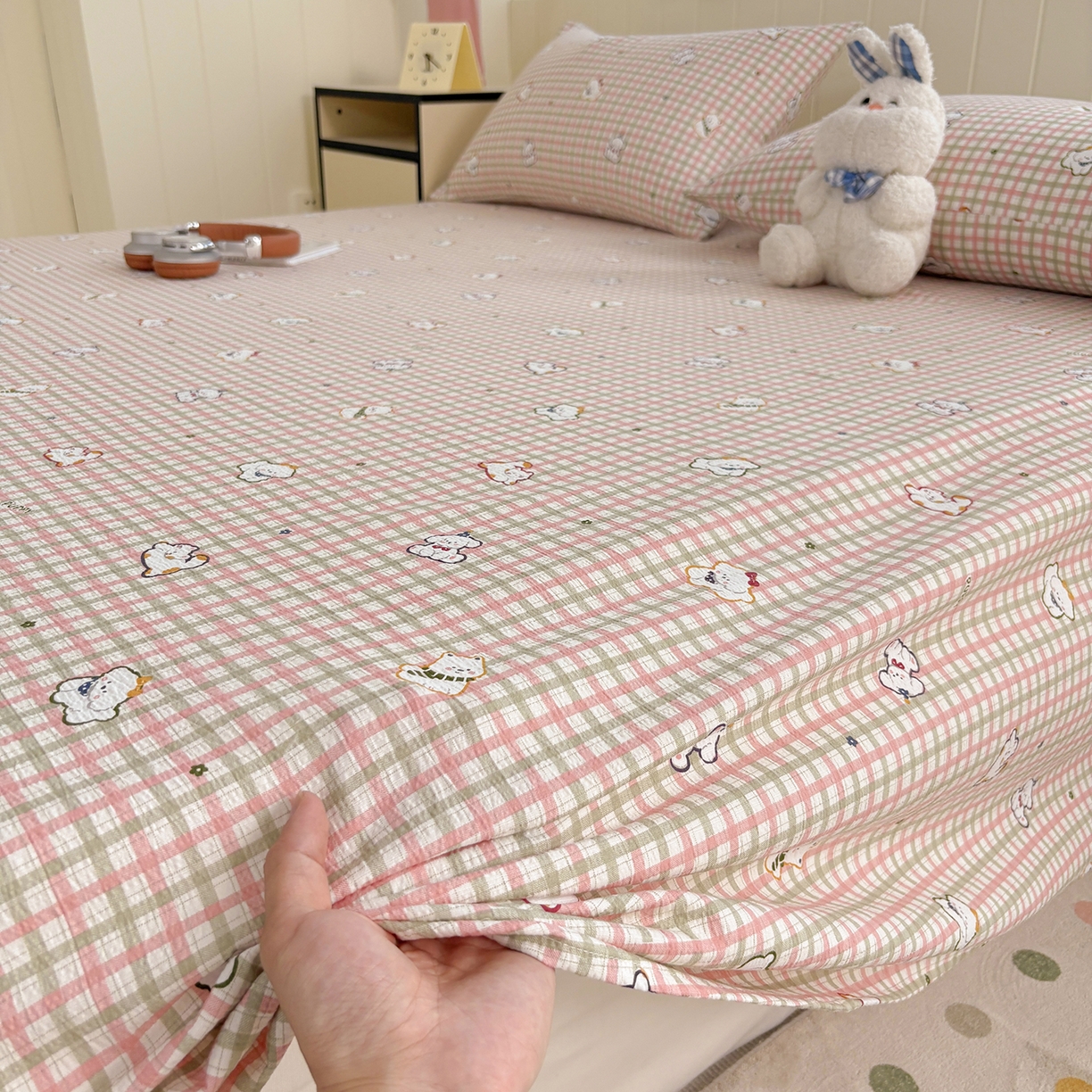 91家纺网 家纺一手货源 找家纺 青泽家纺 2025新款双层纱床单单品床单单件单床单 格子小狗