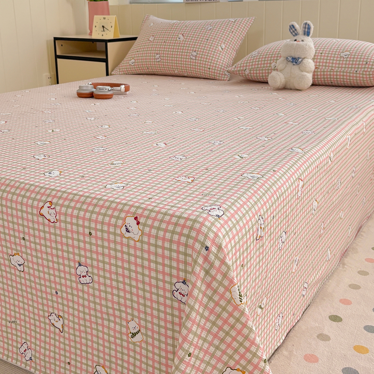 91家纺网 家纺一手货源 找家纺 青泽家纺 2025新款双层纱床单单品床单单件单床单 格子小狗