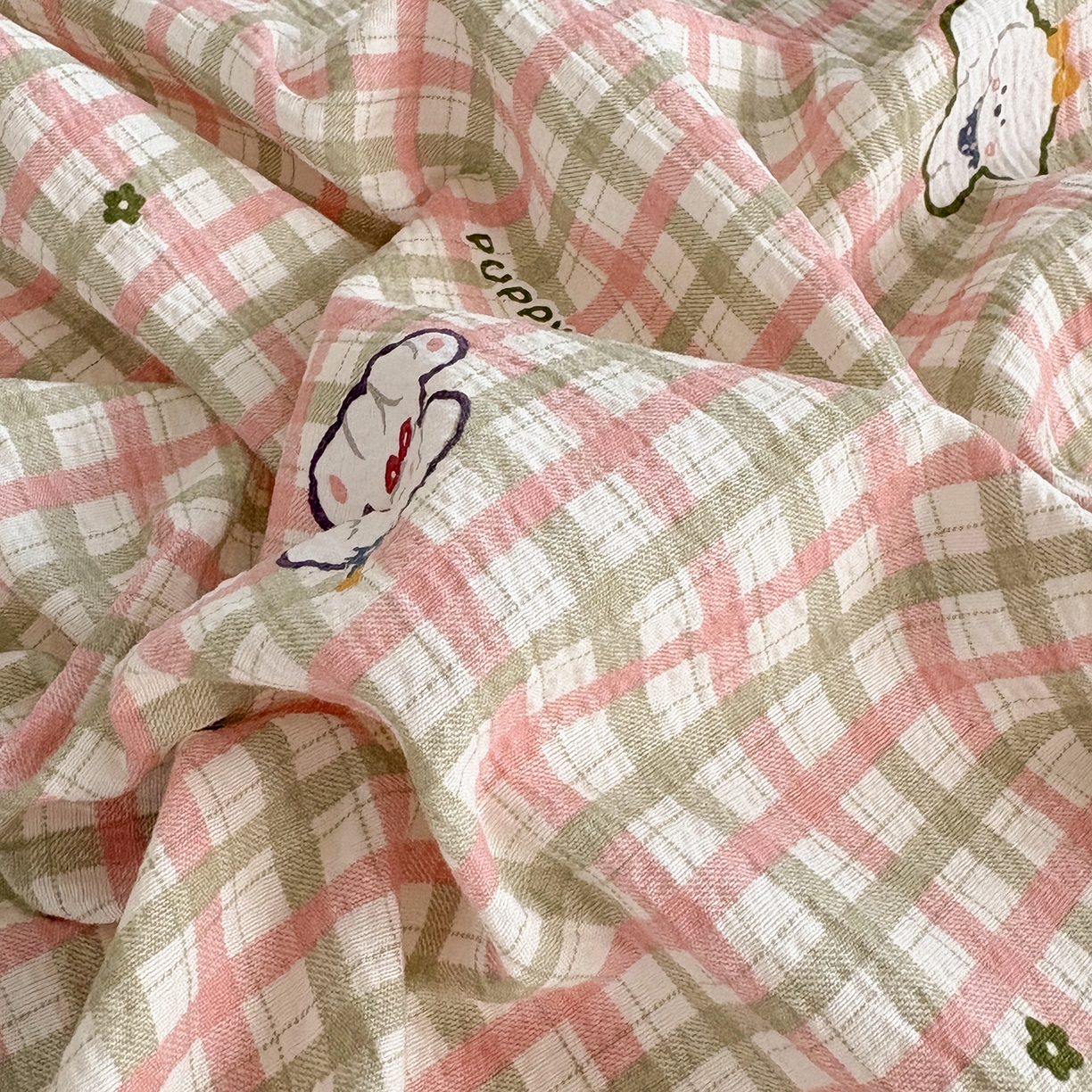 91家纺网 家纺一手货源 找家纺 青泽家纺 2025新款双层纱床单单品床单单件单床单 格子小狗