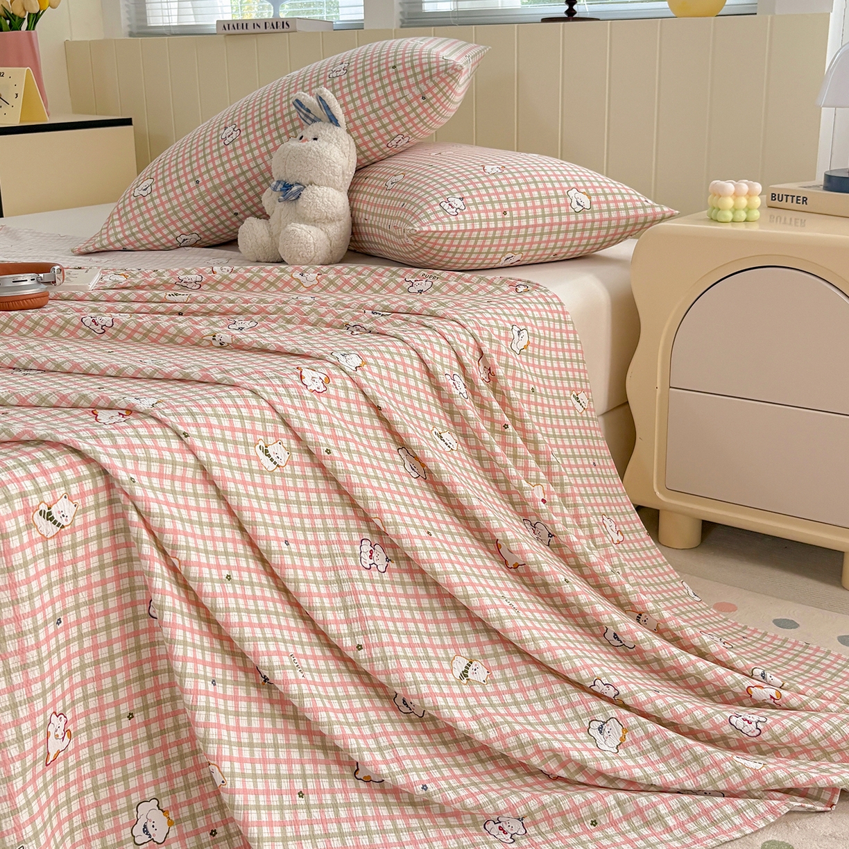 91家纺网 家纺一手货源 找家纺 青泽家纺 2025新款双层纱床单单品床单单件单床单 格子小狗