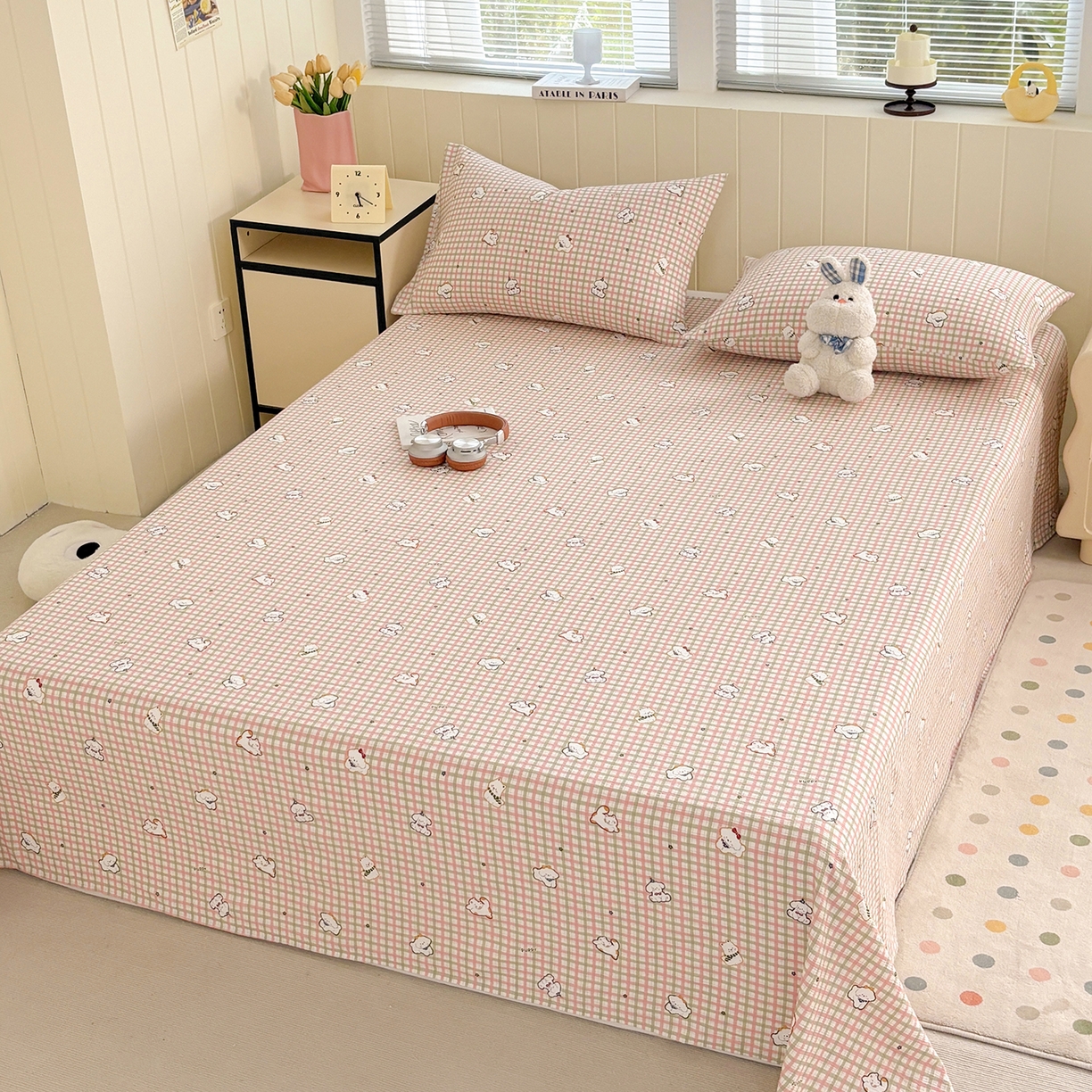 91家纺网 家纺一手货源 找家纺 青泽家纺 2025新款双层纱床单单品床单单件单床单 格子小狗