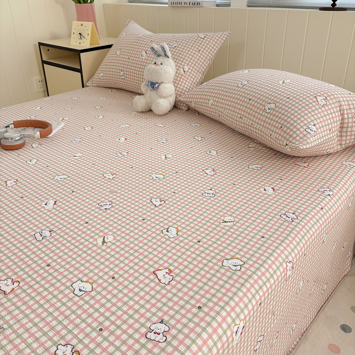 91家纺网 家纺一手货源 找家纺 青泽家纺 2025新款双层纱床单单品床单单件单床单 格子小狗