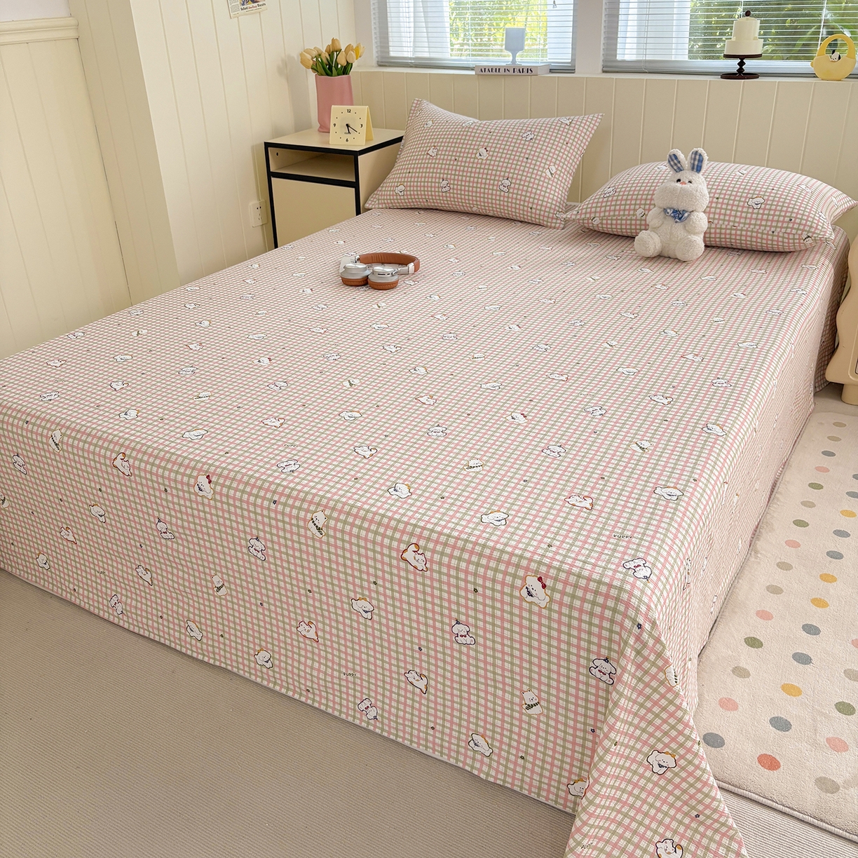 91家纺网 家纺一手货源 找家纺 青泽家纺 2025新款双层纱床单单品床单单件单床单 格子小狗