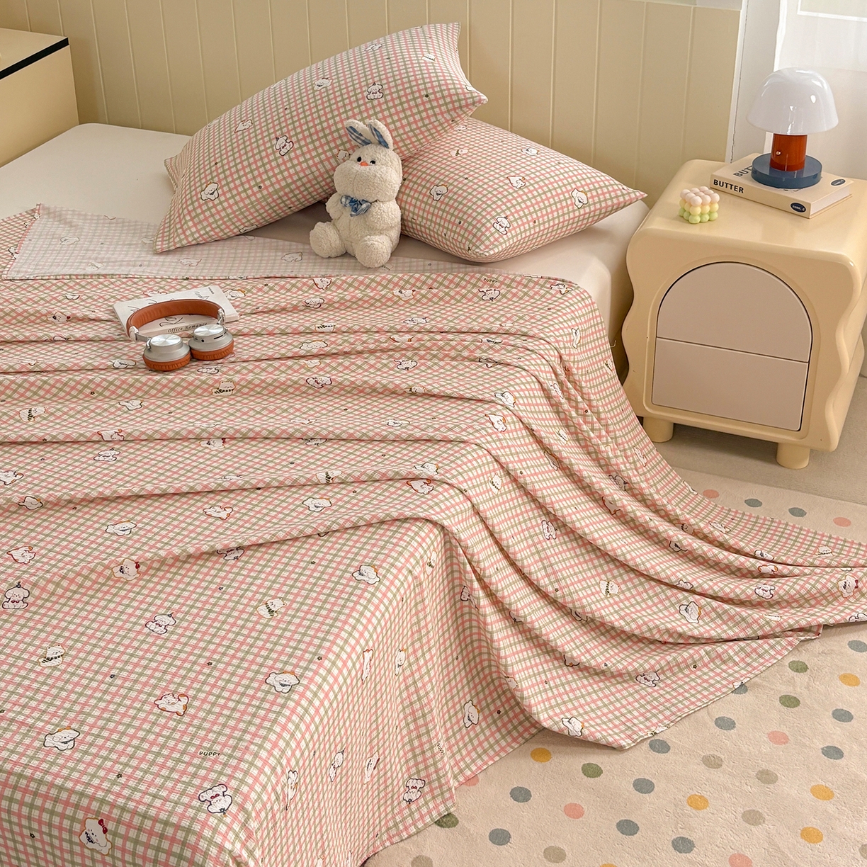 91家纺网 家纺一手货源 找家纺 青泽家纺 2025新款双层纱床单单品床单单件单床单 格子小狗