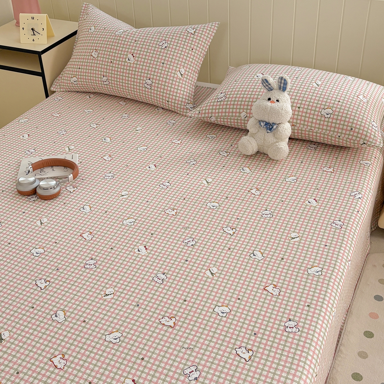 91家纺网 家纺一手货源 找家纺 青泽家纺 2025新款双层纱床单单品床单单件单床单 格子小狗