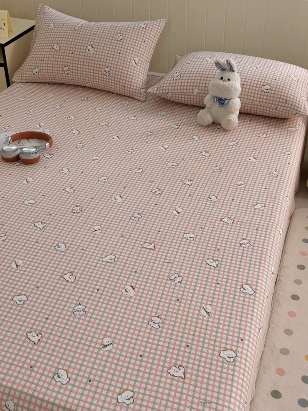 91家纺网 家纺一手货源 找家纺 青泽家纺 2025新款双层纱床单单品床单单件单床单 格子小狗