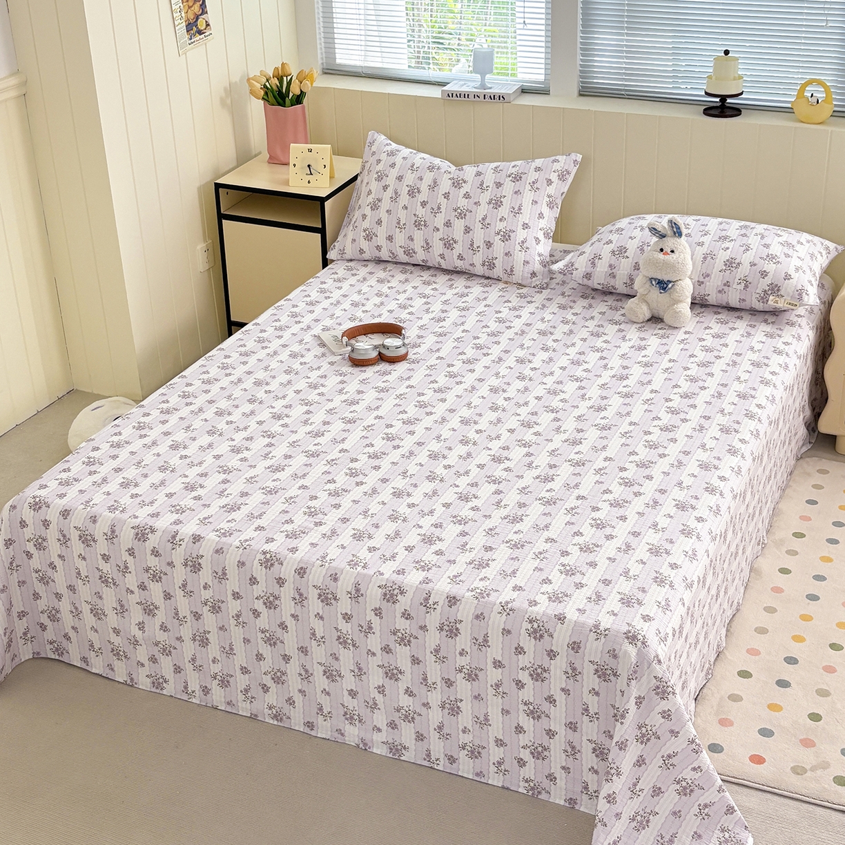 91家纺网 家纺一手货源 找家纺 青泽家纺 2025新款双层纱床单单品床单单件单床单 花轻舞