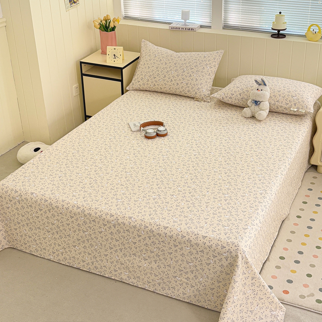 91家纺网 家纺一手货源 找家纺 青泽家纺 2025新款双层纱床单单品床单单件单床单 花园小兔