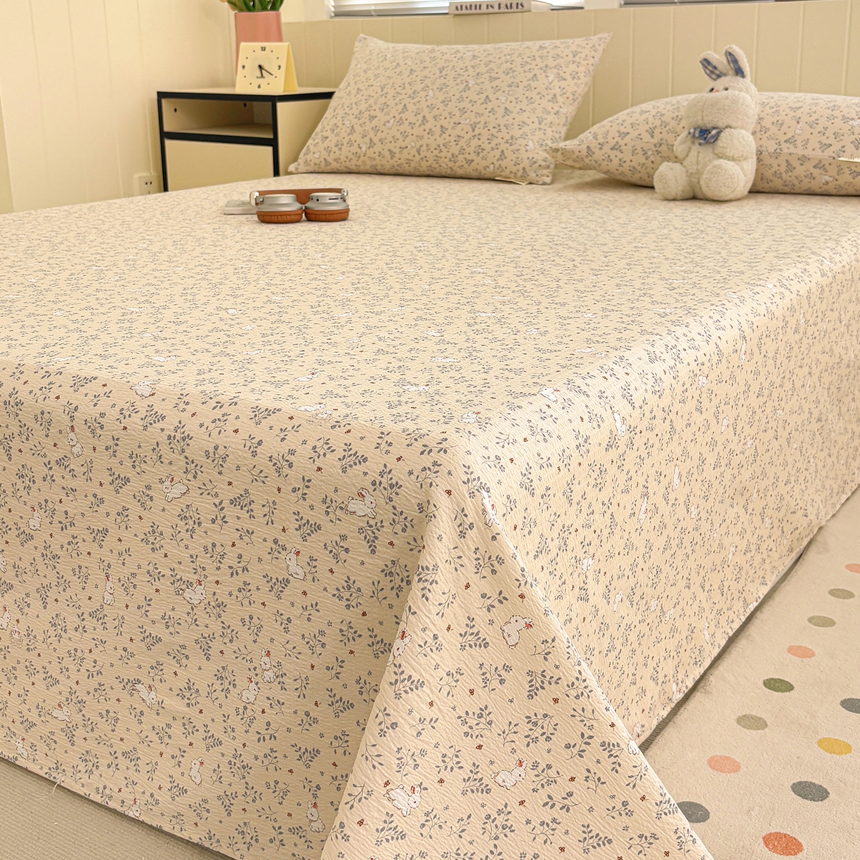 91家纺网 家纺一手货源 找家纺 青泽家纺 2025新款双层纱床单单品床单单件单床单 花园小兔