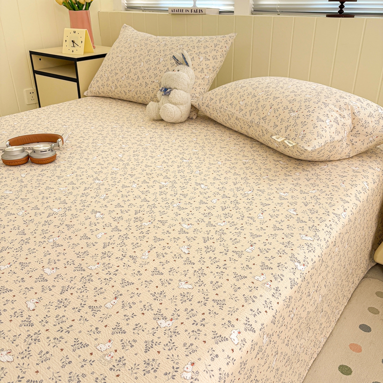 91家纺网 家纺一手货源 找家纺 青泽家纺 2025新款双层纱床单单品床单单件单床单 花园小兔