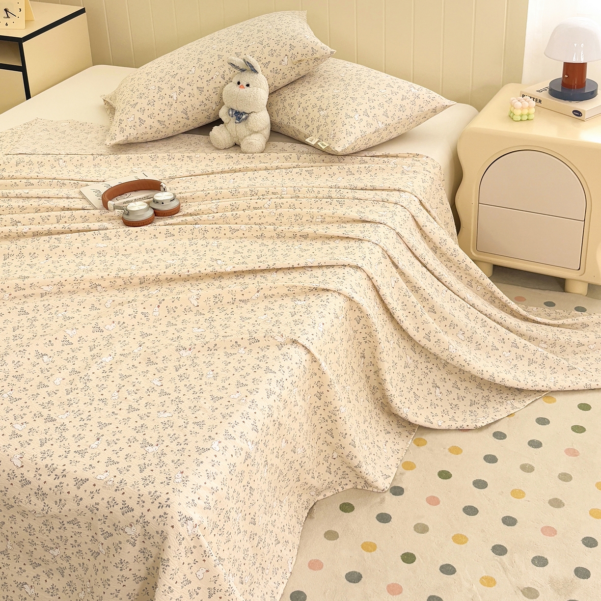 91家纺网 家纺一手货源 找家纺 青泽家纺 2025新款双层纱床单单品床单单件单床单 花园小兔