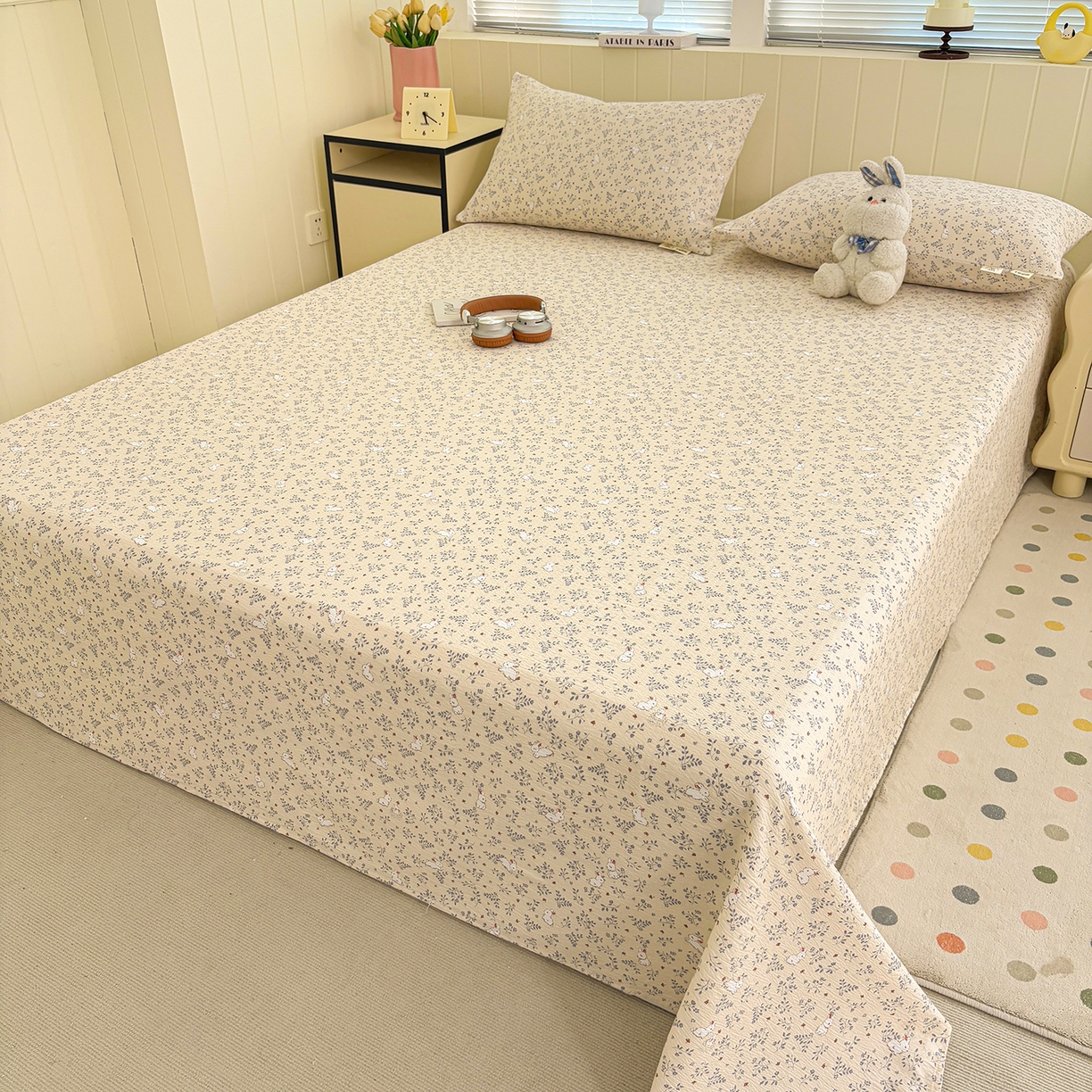 91家纺网 家纺一手货源 找家纺 青泽家纺 2025新款双层纱床单单品床单单件单床单 花园小兔