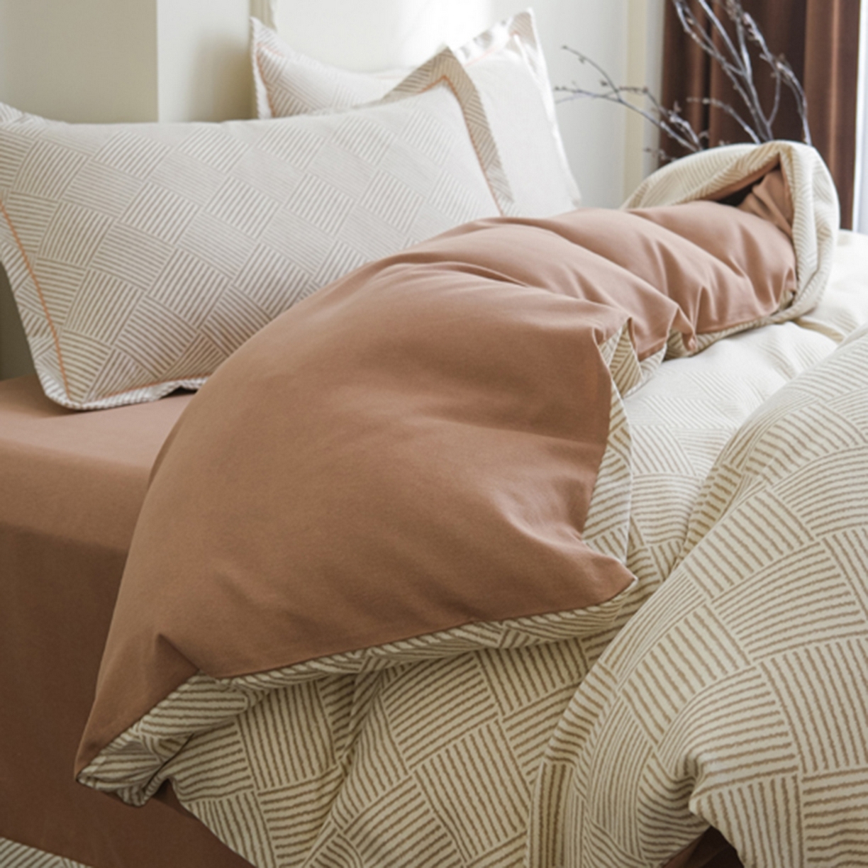 91家纺网 家纺一手货源 找家纺 慕绸家纺（原萌宝老粗布厂家） 2025秋冬新款加厚纯棉磨毛印花四件套 摩卡