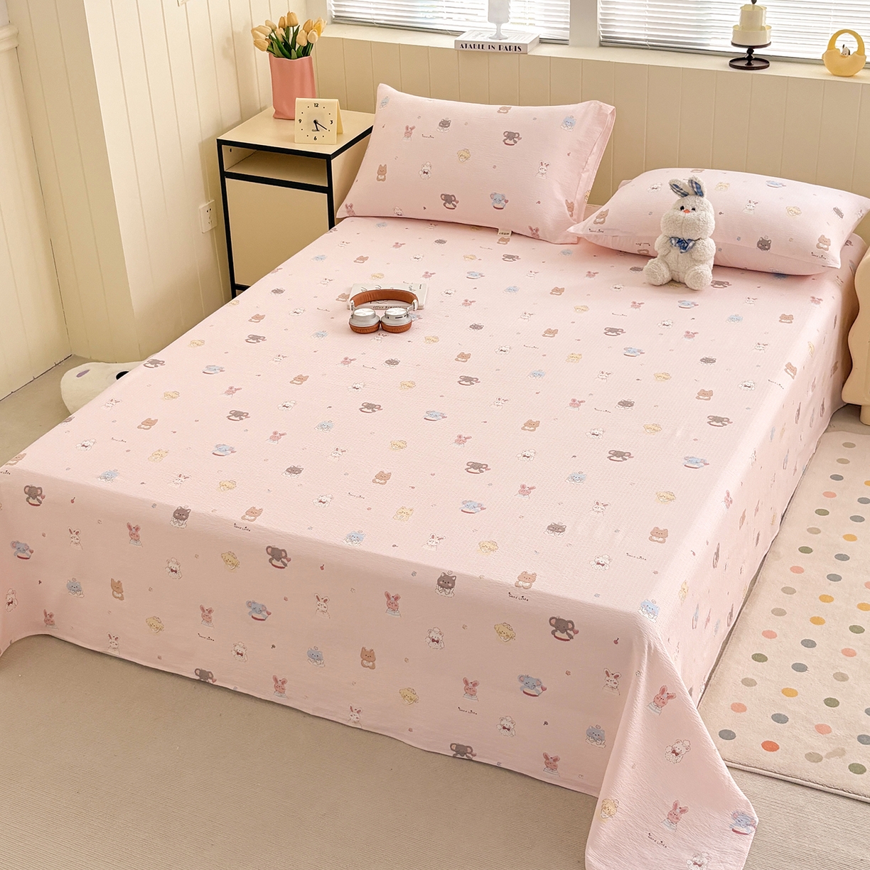 91家纺网 家纺一手货源 找家纺 青泽家纺 2025新款双层纱床单单品床单单件单床单 萌宠乐园