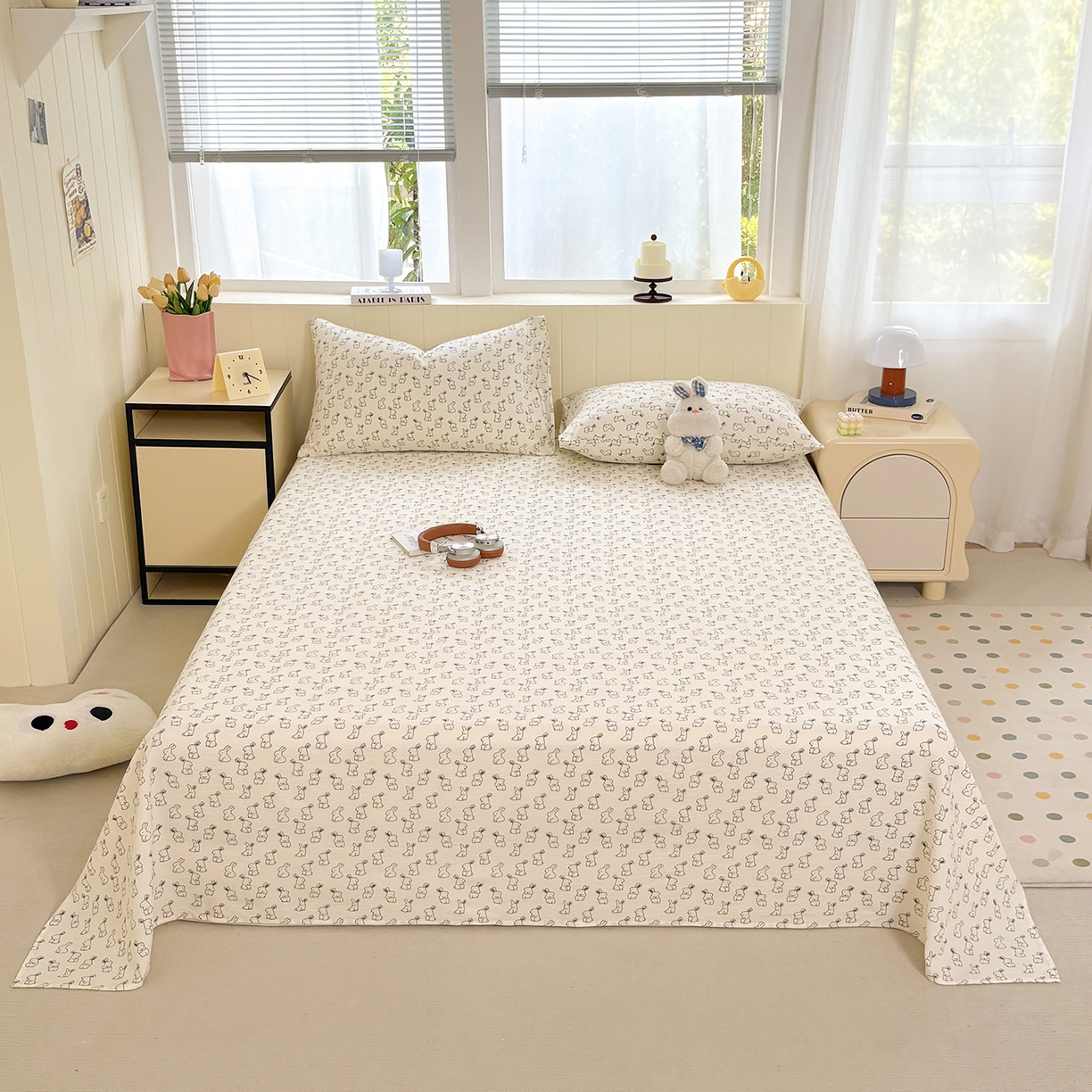 91家纺网 家纺一手货源 找家纺 青泽家纺 2025新款双层纱床单单品床单单件单床单 萌兔兔