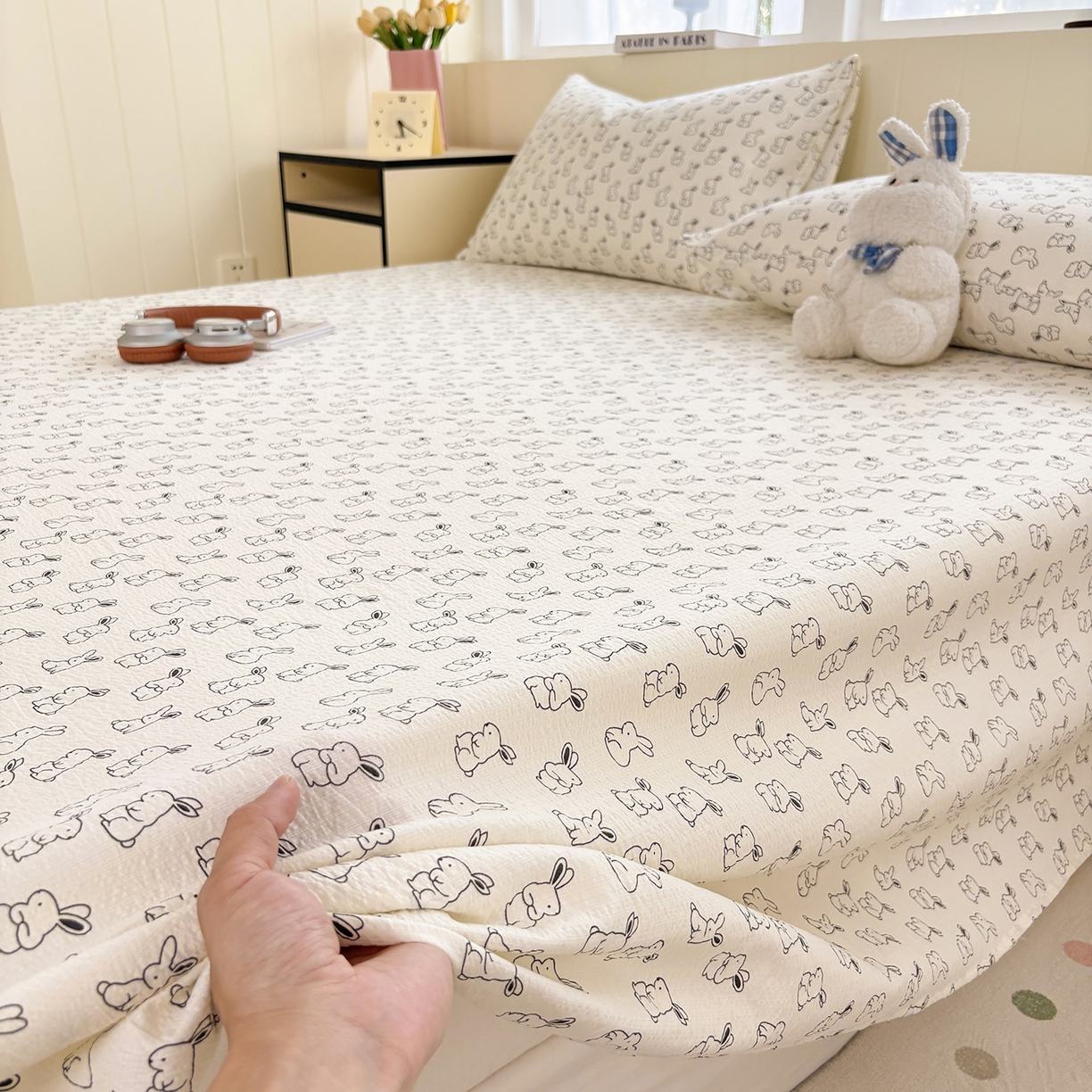 91家纺网 家纺一手货源 找家纺 青泽家纺 2025新款双层纱床单单品床单单件单床单 萌兔兔