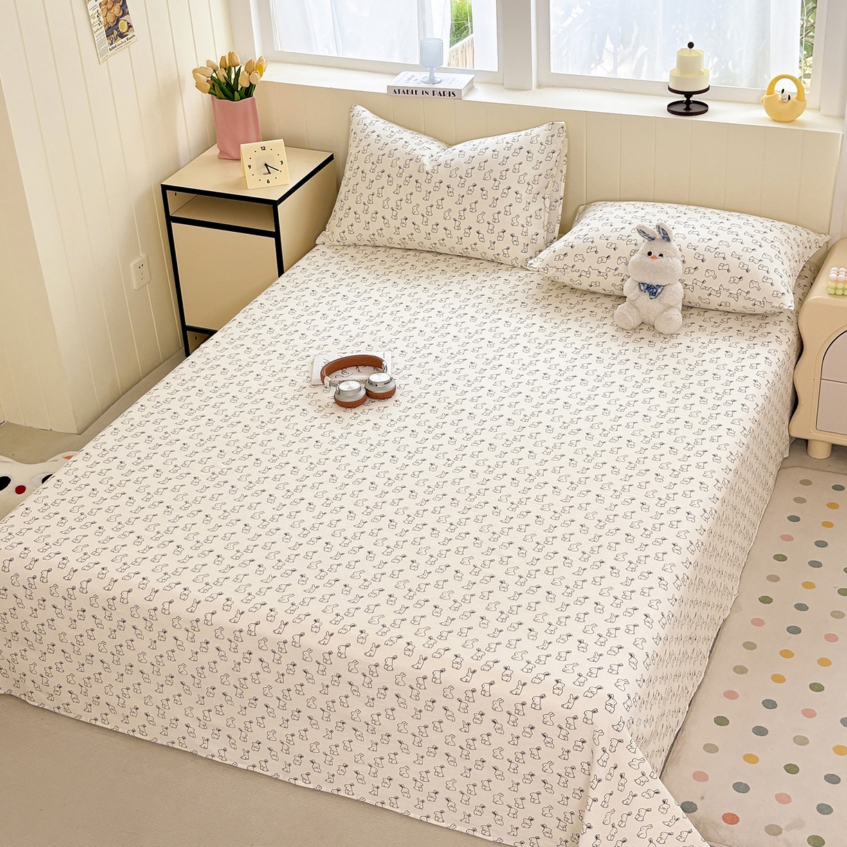 91家纺网 家纺一手货源 找家纺 青泽家纺 2025新款双层纱床单单品床单单件单床单 萌兔兔