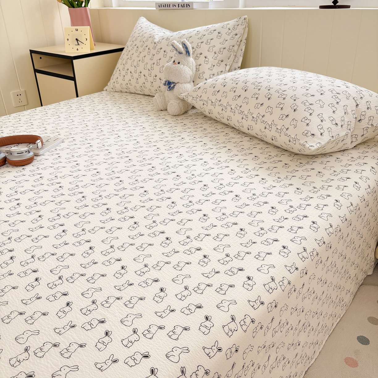 91家纺网 家纺一手货源 找家纺 青泽家纺 2025新款双层纱床单单品床单单件单床单 萌兔兔