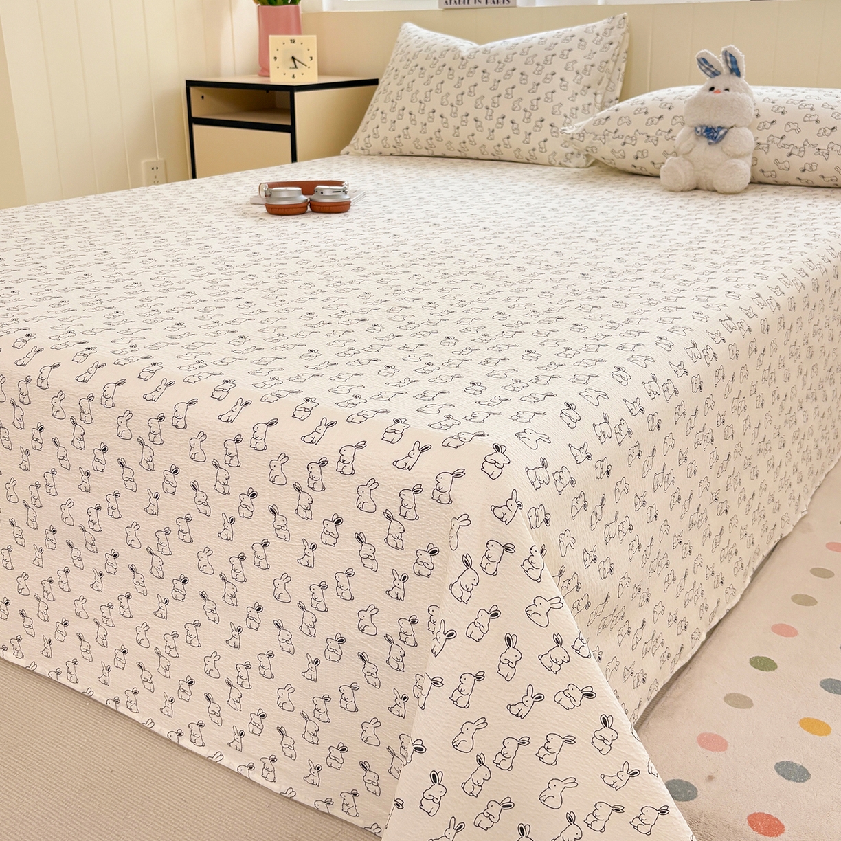 91家纺网 家纺一手货源 找家纺 青泽家纺 2025新款双层纱床单单品床单单件单床单 萌兔兔