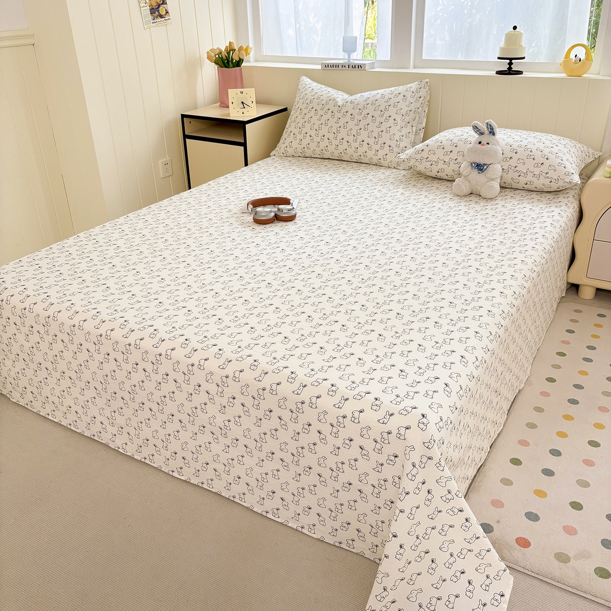 91家纺网 家纺一手货源 找家纺 青泽家纺 2025新款双层纱床单单品床单单件单床单 萌兔兔