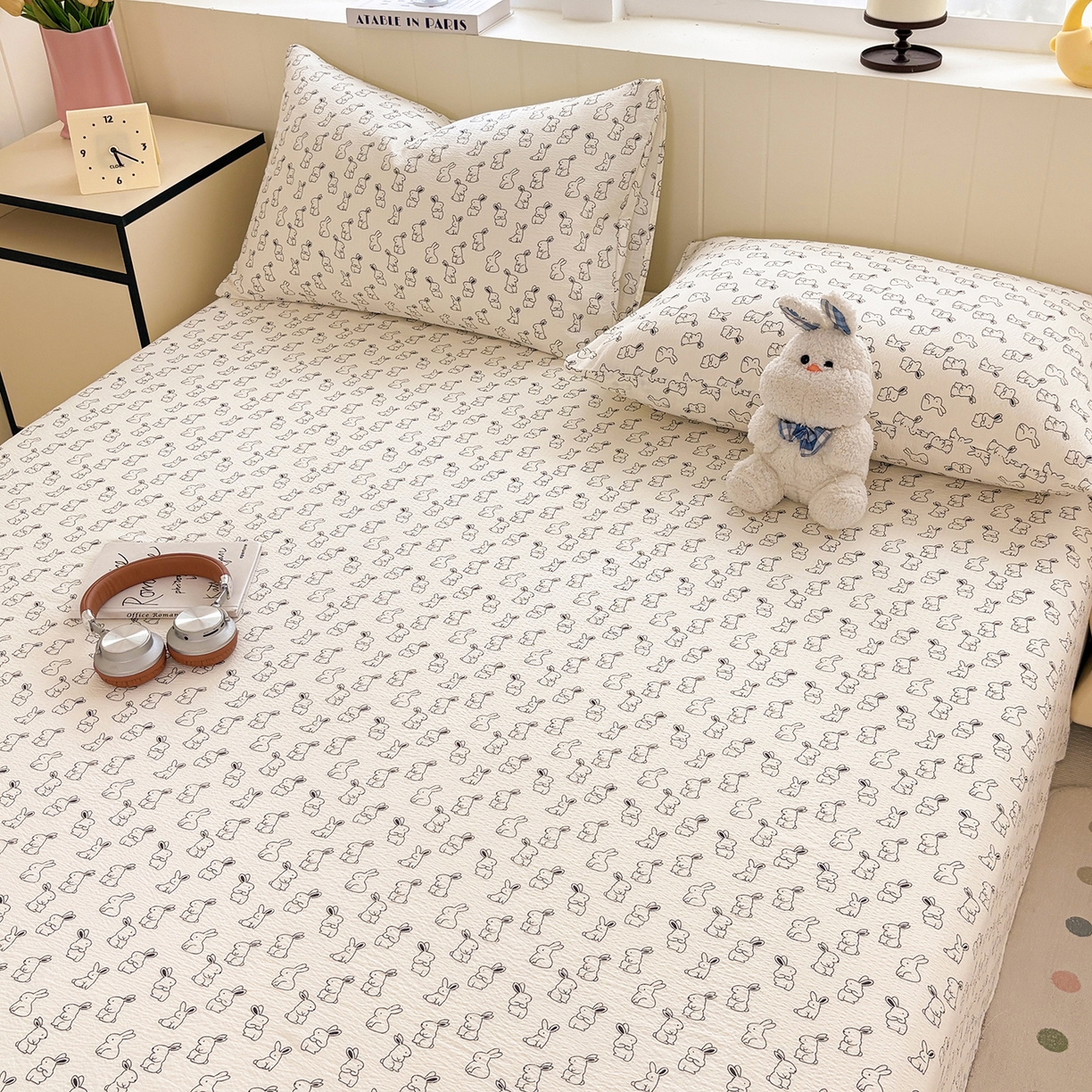 91家纺网 家纺一手货源 找家纺 青泽家纺 2025新款双层纱床单单品床单单件单床单 萌兔兔