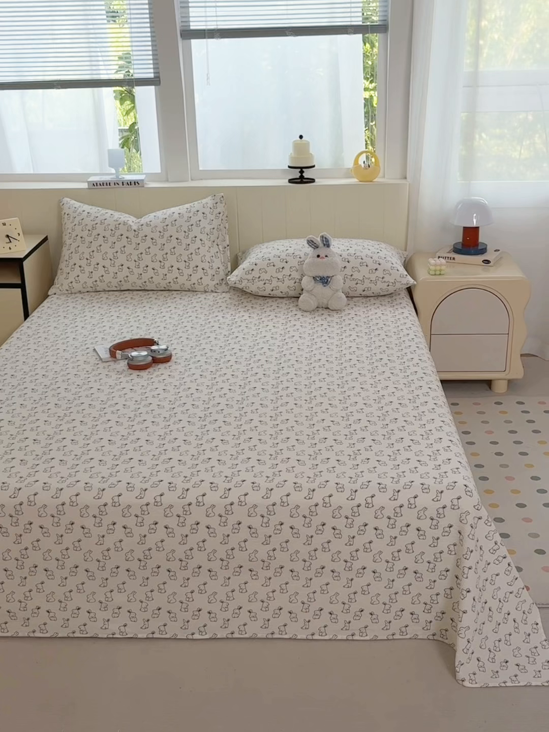 91家纺网 家纺一手货源 找家纺 青泽家纺 2025新款双层纱床单单品床单单件单床单 萌兔兔