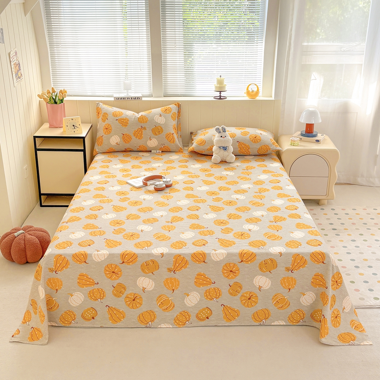 91家纺网 家纺一手货源 找家纺 青泽家纺 2025新款双层纱床单单品床单单件单床单 南瓜派对