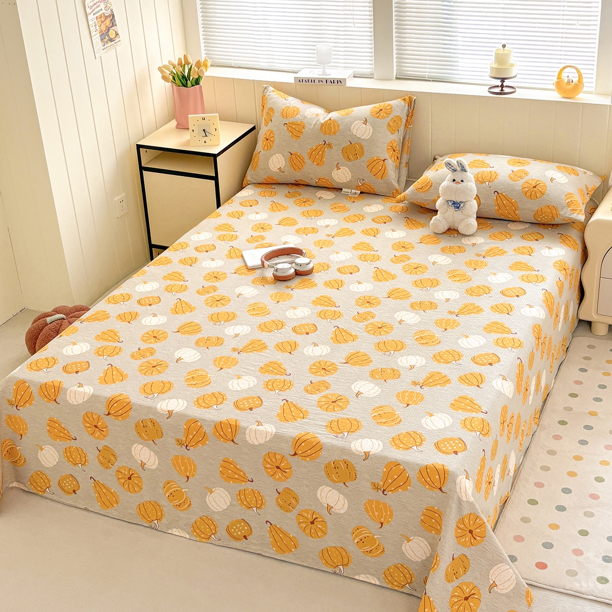 91家纺网 家纺一手货源 找家纺 青泽家纺 2025新款双层纱床单单品床单单件单床单 南瓜派对