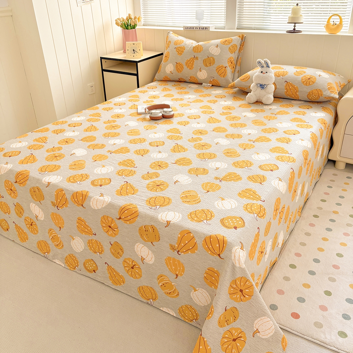 91家纺网 家纺一手货源 找家纺 青泽家纺 2025新款双层纱床单单品床单单件单床单 南瓜派对