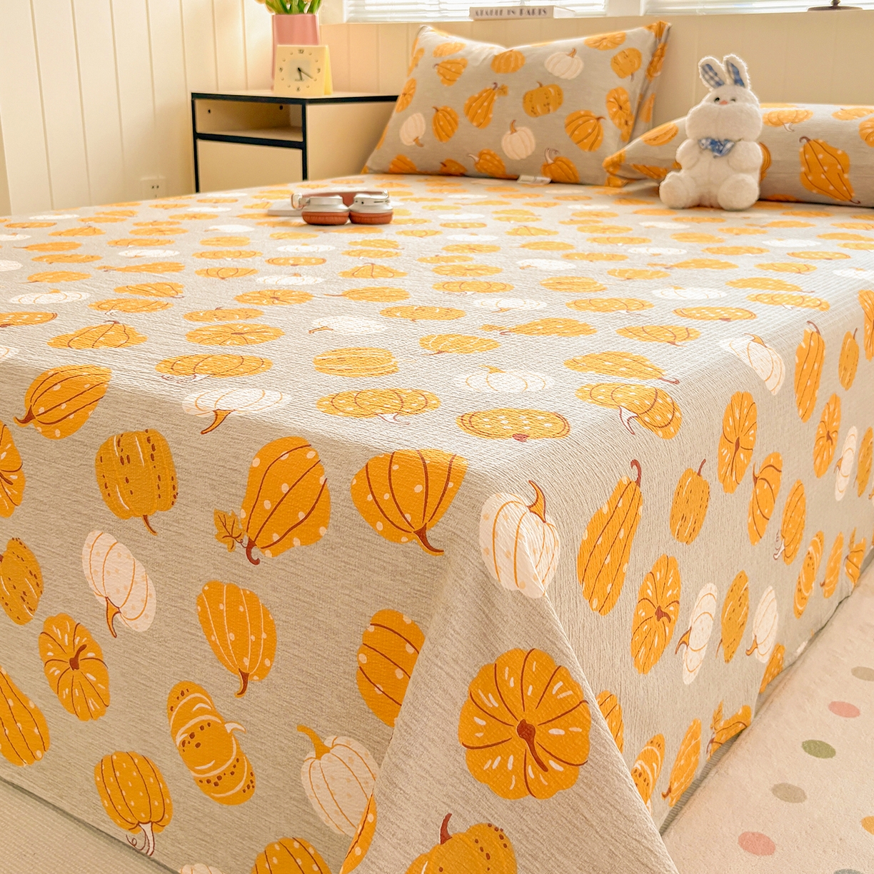 91家纺网 家纺一手货源 找家纺 青泽家纺 2025新款双层纱床单单品床单单件单床单 南瓜派对