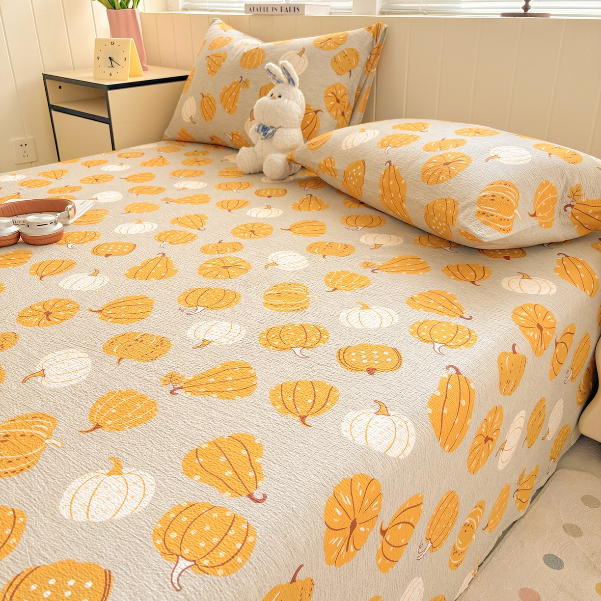 91家纺网 家纺一手货源 找家纺 青泽家纺 2025新款双层纱床单单品床单单件单床单 南瓜派对