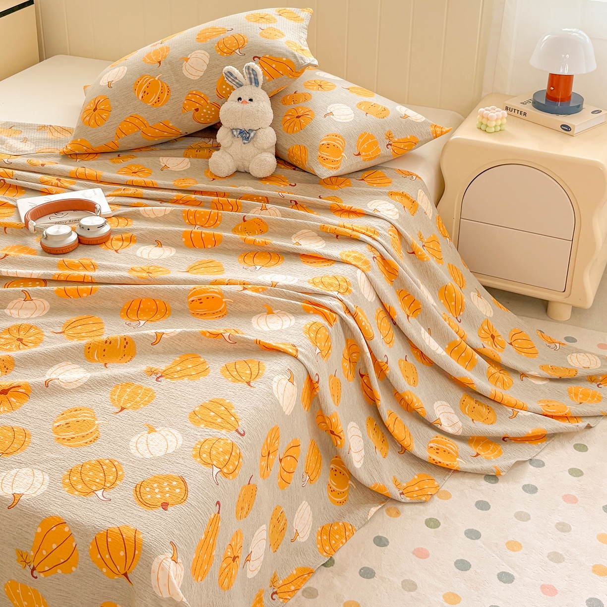 91家纺网 家纺一手货源 找家纺 青泽家纺 2025新款双层纱床单单品床单单件单床单 南瓜派对