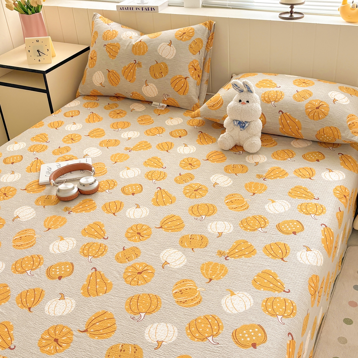 91家纺网 家纺一手货源 找家纺 青泽家纺 2025新款双层纱床单单品床单单件单床单 南瓜派对