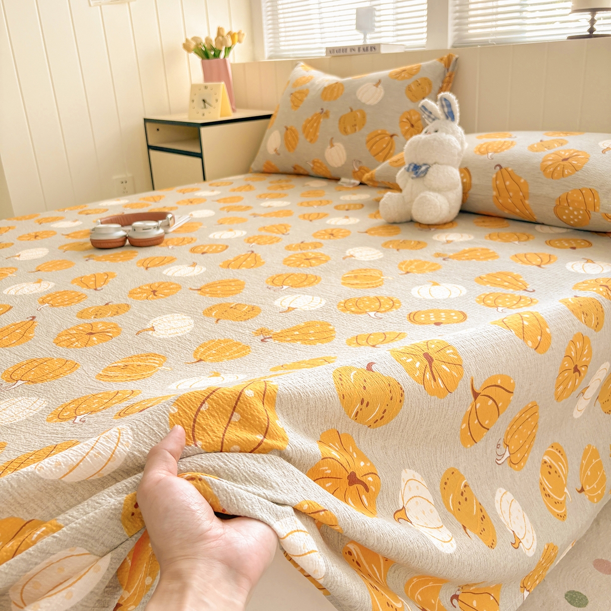 91家纺网 家纺一手货源 找家纺 青泽家纺 2025新款双层纱床单单品床单单件单床单 南瓜派对