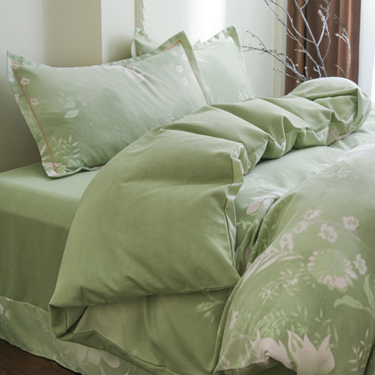 91家纺网 家纺一手货源 找家纺 慕绸家纺（原萌宝老粗布厂家） 2025秋冬新款加厚纯棉磨毛印花四件套 叶篱