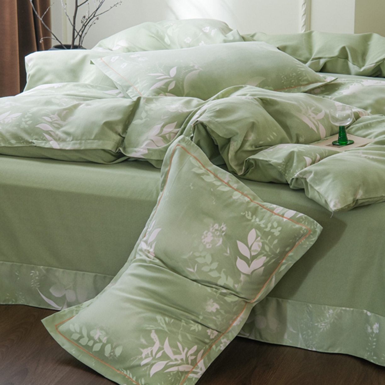 91家纺网 家纺一手货源 找家纺 慕绸家纺（原萌宝老粗布厂家） 2025秋冬新款加厚纯棉磨毛印花四件套 叶篱