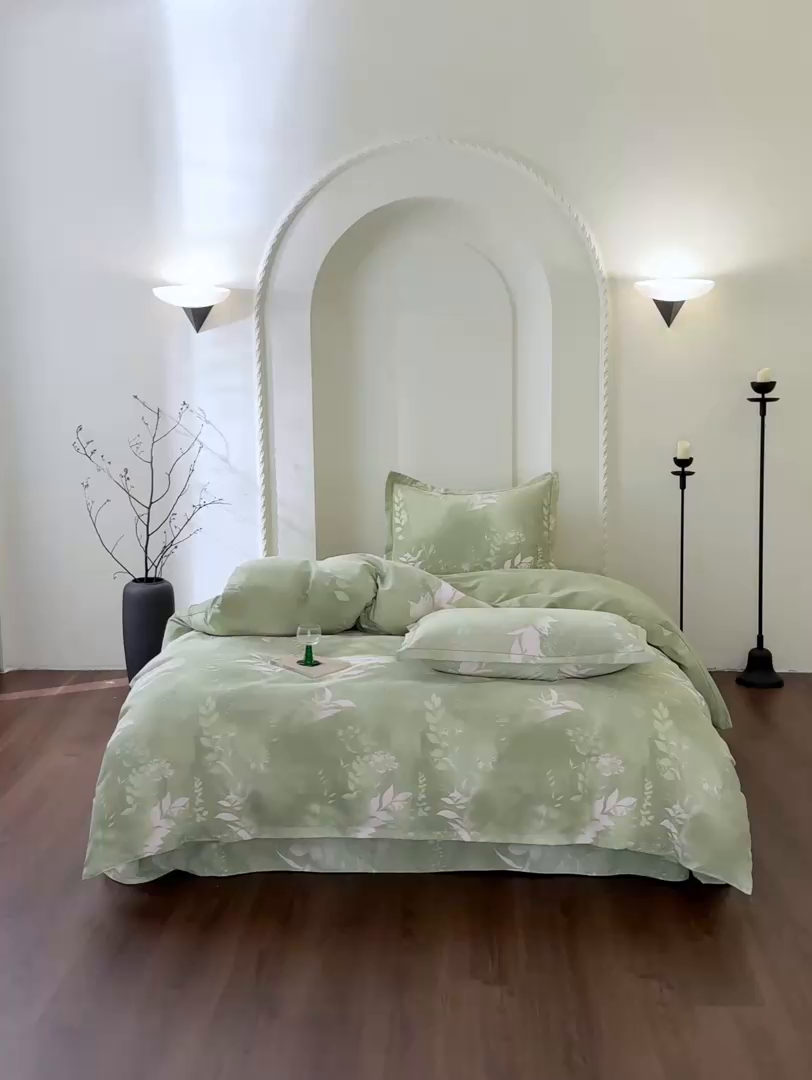 91家纺网 家纺一手货源 找家纺 慕绸家纺（原萌宝老粗布厂家） 2025秋冬新款加厚纯棉磨毛印花四件套 叶篱