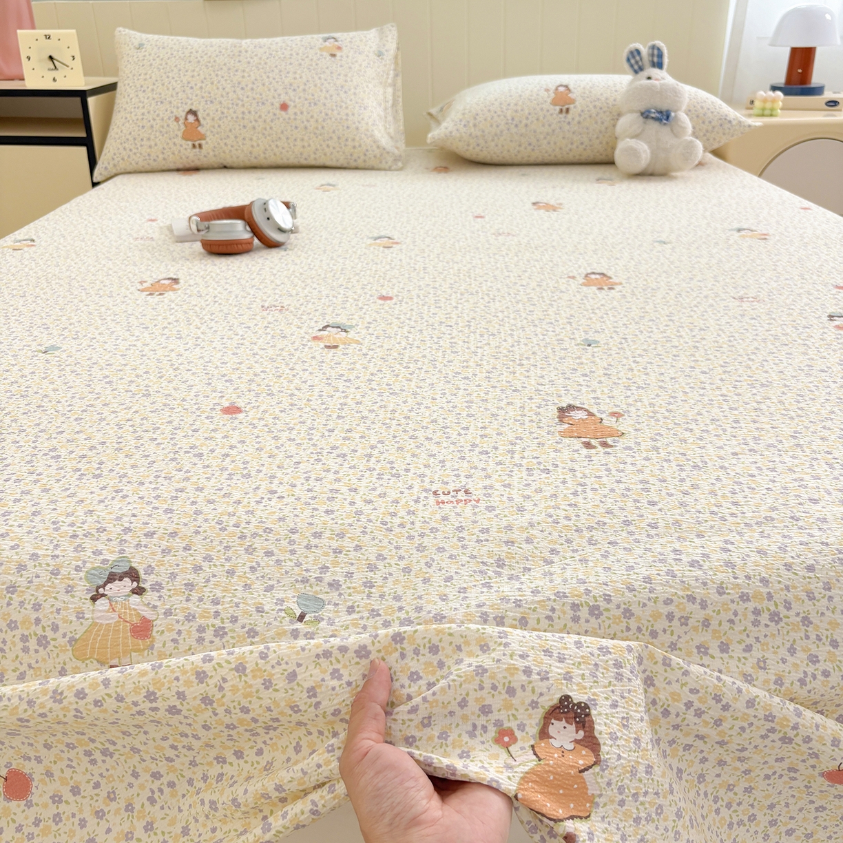 91家纺网 家纺一手货源 找家纺 青泽家纺 2025新款双层纱床单单品床单单件单床单 田园女孩