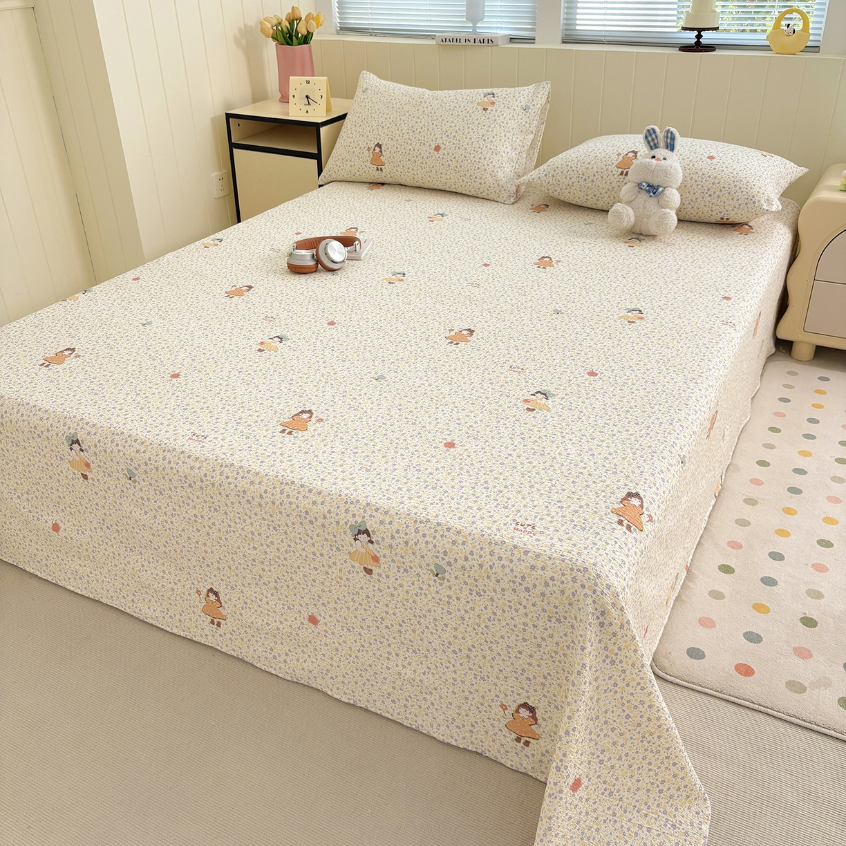 91家纺网 家纺一手货源 找家纺 青泽家纺 2025新款双层纱床单单品床单单件单床单 田园女孩