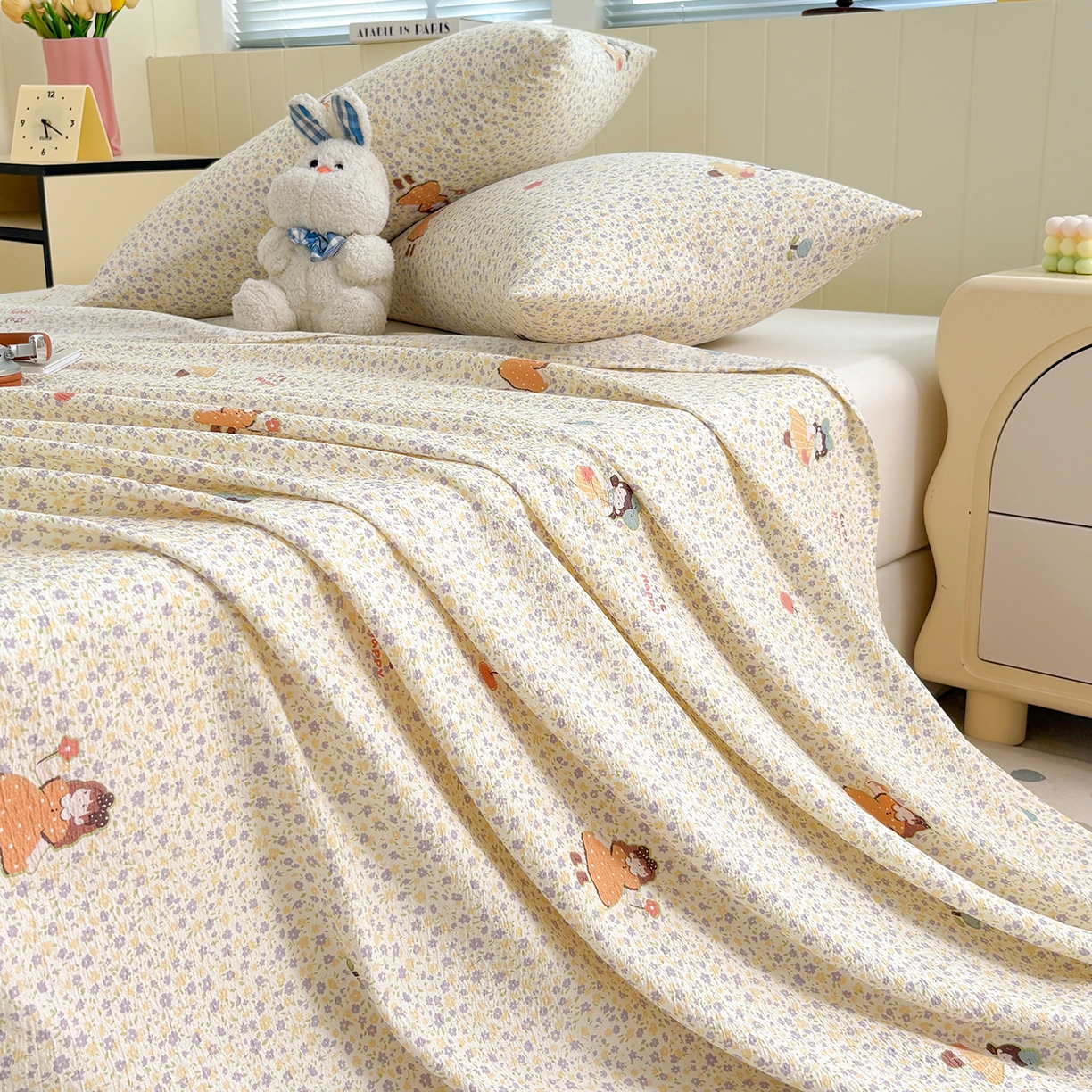 91家纺网 家纺一手货源 找家纺 青泽家纺 2025新款双层纱床单单品床单单件单床单 田园女孩