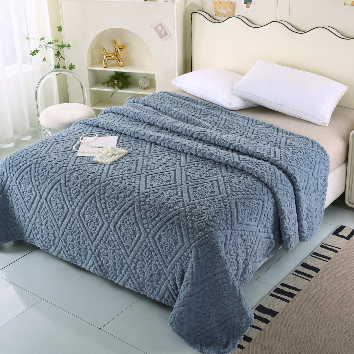 91家纺网 家纺一手货源 找家纺 巴木赫 2025新款如意阁塔芙绒毯子毛毯 雾蓝