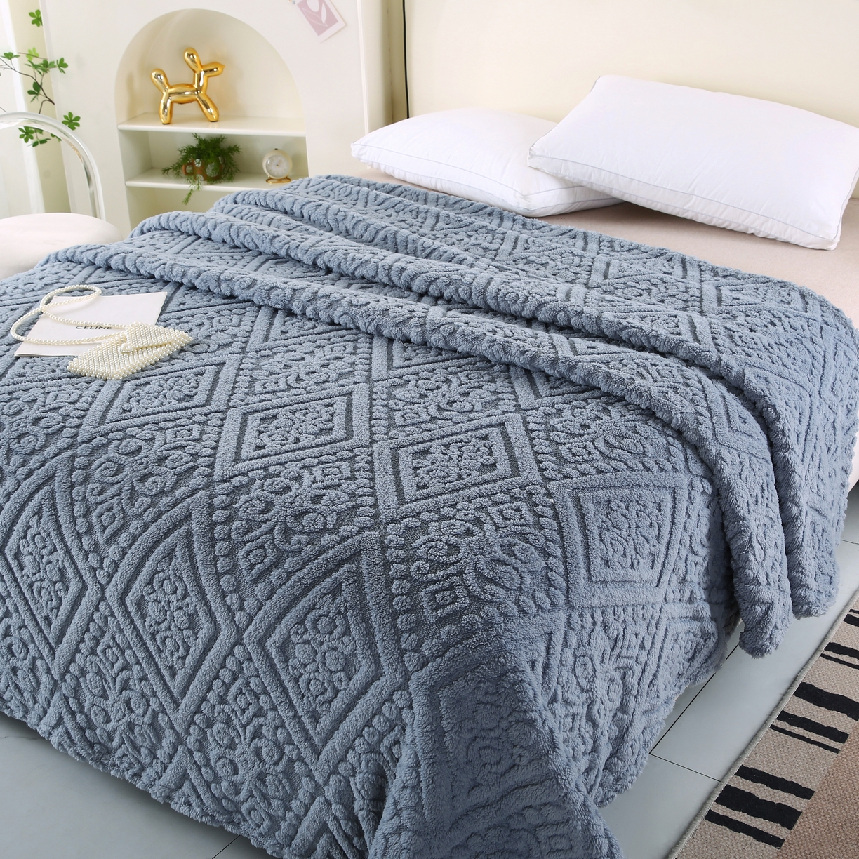 91家纺网 家纺一手货源 找家纺 巴木赫 2025新款如意阁塔芙绒毯子毛毯 雾蓝