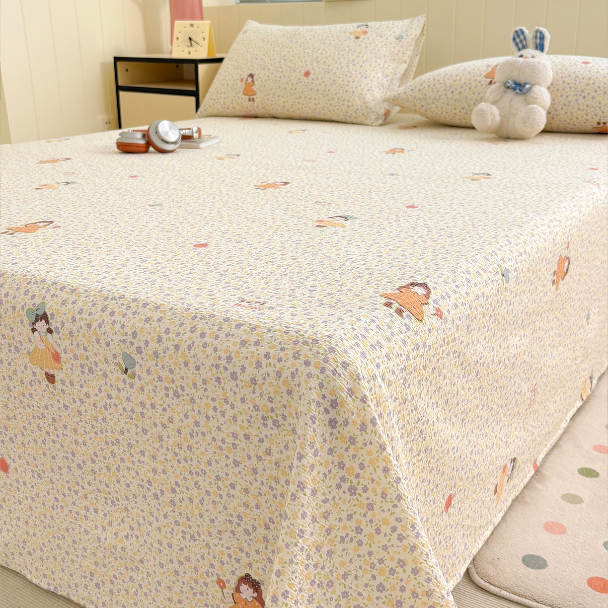 91家纺网 家纺一手货源 找家纺 青泽家纺 2025新款双层纱床单单品床单单件单床单 田园女孩