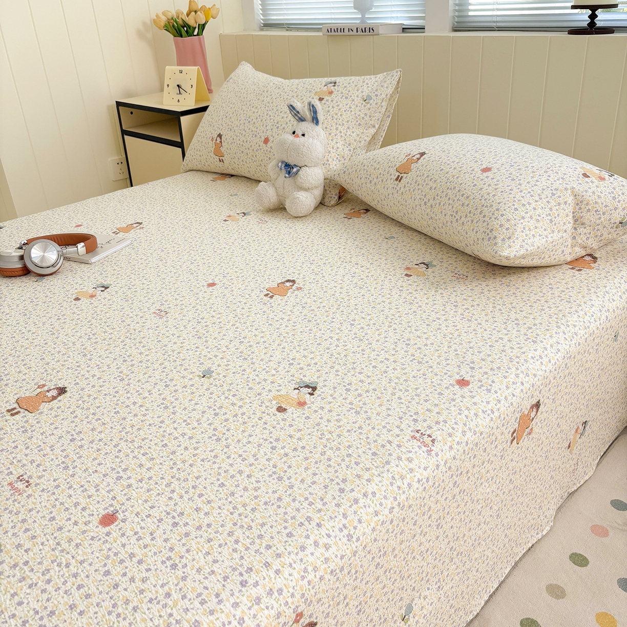 91家纺网 家纺一手货源 找家纺 青泽家纺 2025新款双层纱床单单品床单单件单床单 田园女孩