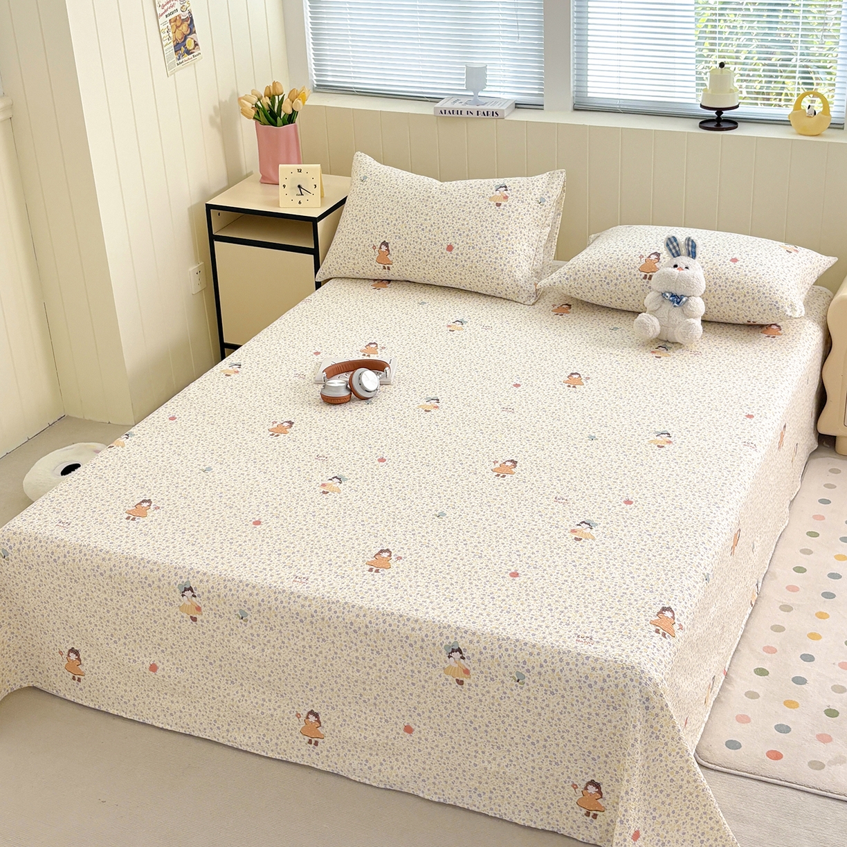 91家纺网 家纺一手货源 找家纺 青泽家纺 2025新款双层纱床单单品床单单件单床单 田园女孩